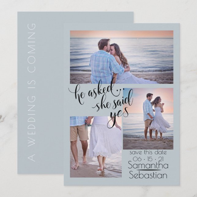 Modern 3 Photo She Said Yes  Save the Date Invitation (Front/Back)