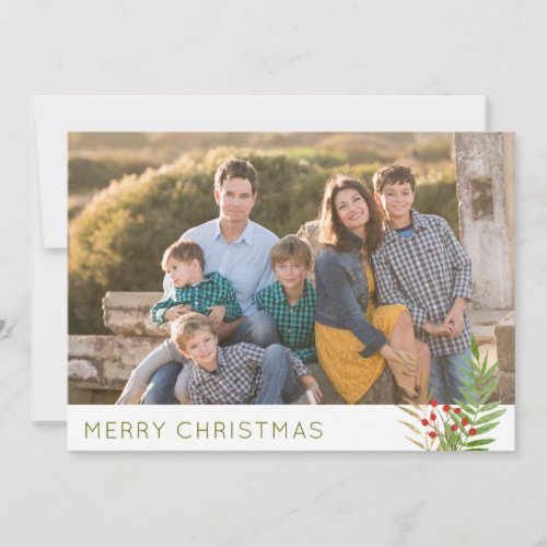 Modern 3 Photo Simple Merry Christmas Holly Leaves Holiday Card