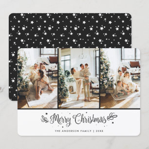 Modern 3 Photo Stars Black Merry Christmas Card