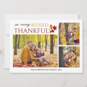 Modern 3 Photo Storyboard Blessed Thankful Holiday Card