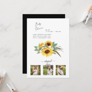 Modern 3 Photo Sunflowers & Cotton Baby Shower Invitation