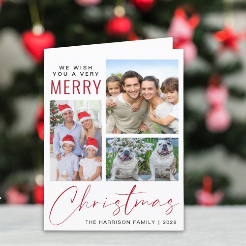 Modern 3 Photo Very Merry Christmas Holiday Card