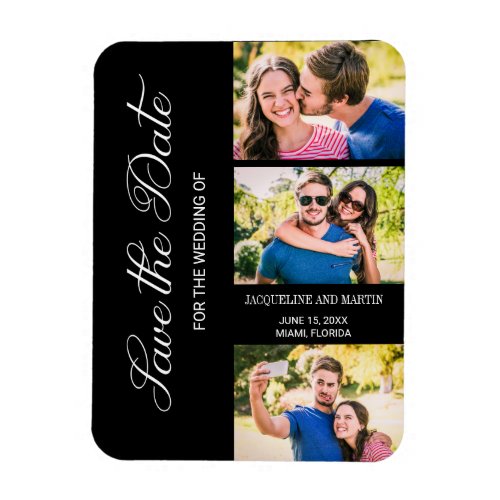 Modern 3 Photo Wedding Black Save The Date Magnet