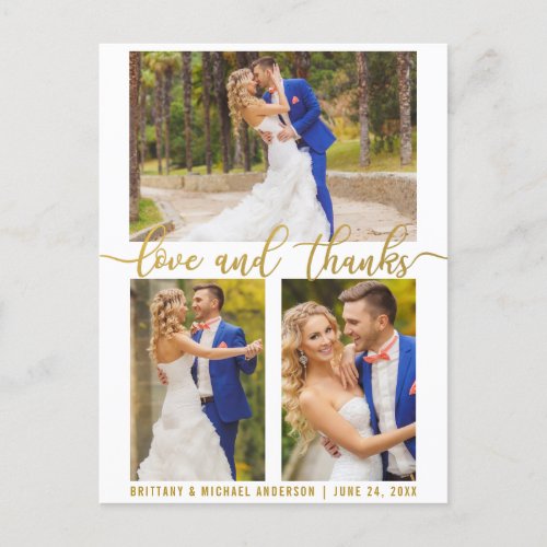 Modern 3 Photo Wedding Love and Thanks Gold Script Postcard