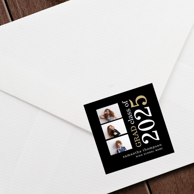Modern 3 photo White Gold Text 2025 Graduation Square Sticker (Creator Uploaded)