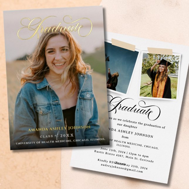 Modern 3 Photo White Script Graduation  Foil Invitation (Creator Uploaded)