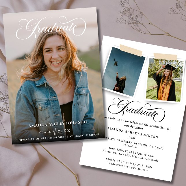 Modern 3 Photo White Script Graduation  Invitation (Creator Uploaded)