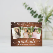 Modern 3 Photo Wood String Lights Graduation Party Invitation Postcard (Standing Front)
