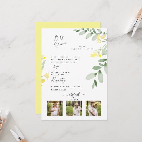 Modern 3 Photo Yellow Wildflowers Baby Shower Invi Invitation