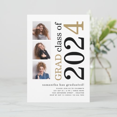 Modern 3 photos Black Gold 2024 White Graduation Invitation