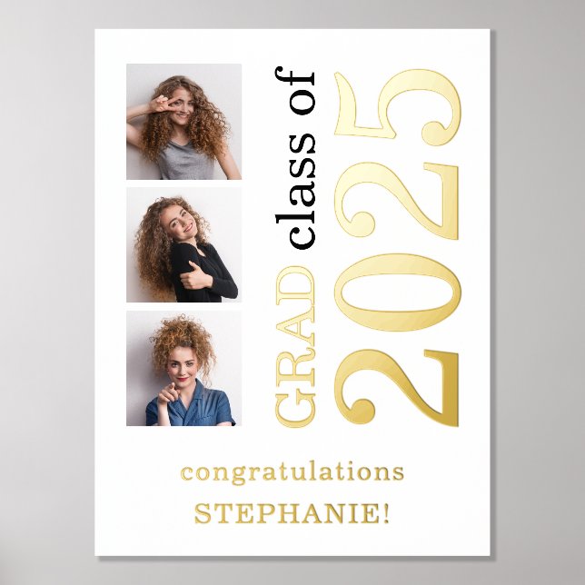 Modern 3 Photos Grad Class of 2025 Graduation Foil Prints (Front)