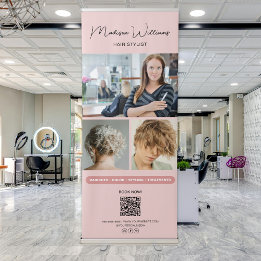 Modern 3 Photos Hair Stylist Salon Pink Retractable Banner