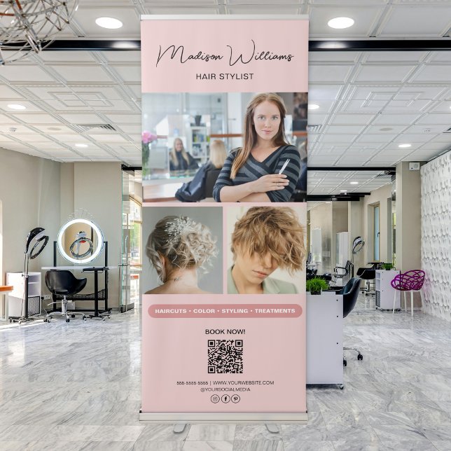 Modern 3 Photos Hair Stylist Salon Pink  Retractable Banner (Modern 3 Photos Hair Stylist Salon Pink Retractable Banner)