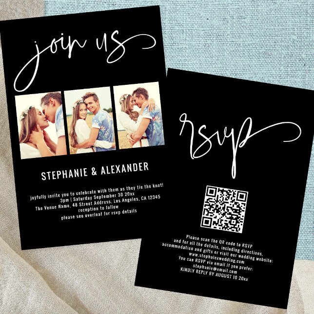 Modern 3 Photos Join Us Script Wedding Black Invitation (Front and back view)