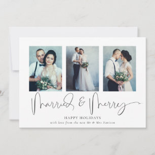 Modern 3 Photos Married Merry Christmas Card