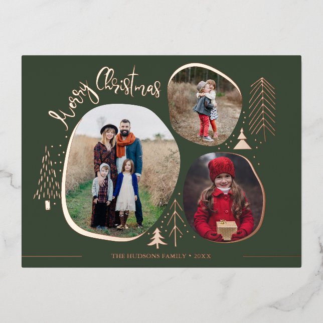 Modern 3 Photos Merry Christmas Foil Holiday Postcard (Front)
