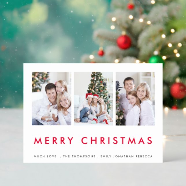 Modern 3 Photos Merry Christmas  Letterpress Photo Cards (Front (Into))