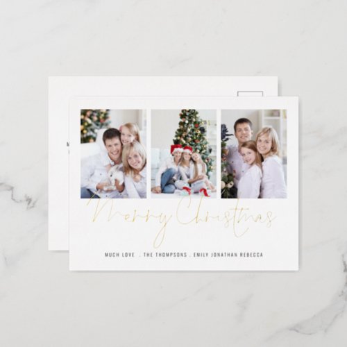 Modern 3 Photos Merry Christmas Real Foil Holiday Postcard