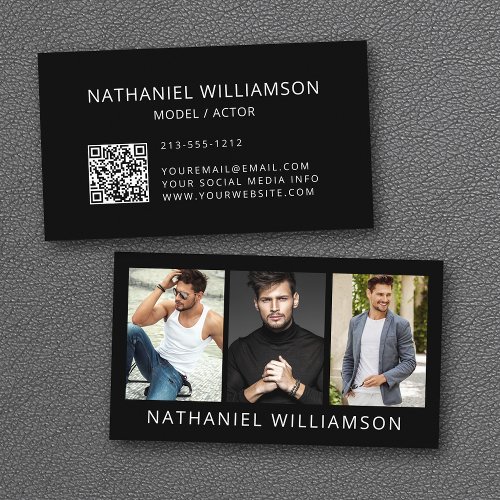 Modern 3 Photos Model and Actor QR Code Business Card