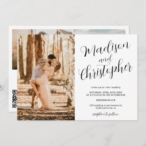 Modern 3 photos names black white Qr wedding Invitation