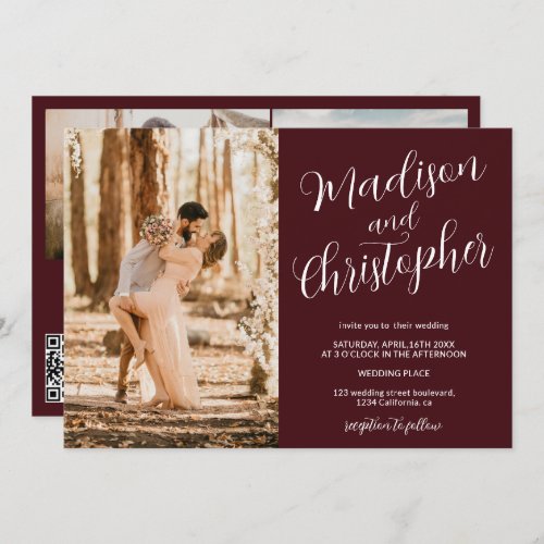 Modern 3 photos names burgundy Qr wedding Invitation