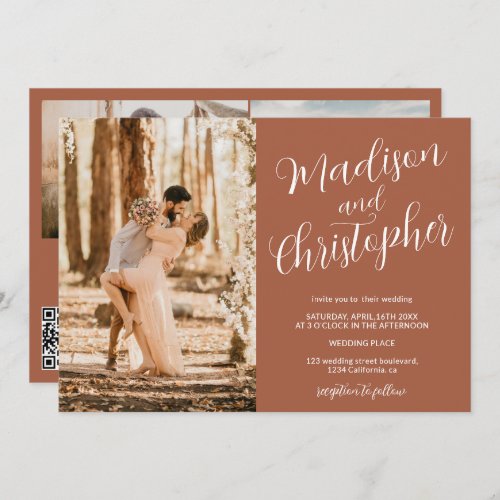 Modern 3 photos names dark terracotta Qr wedding Invitation