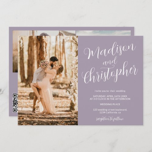 Modern 3 photos names lavender Qr wedding Invitation