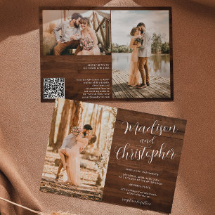 Modern 3 photos names wood Qr wedding Invitation