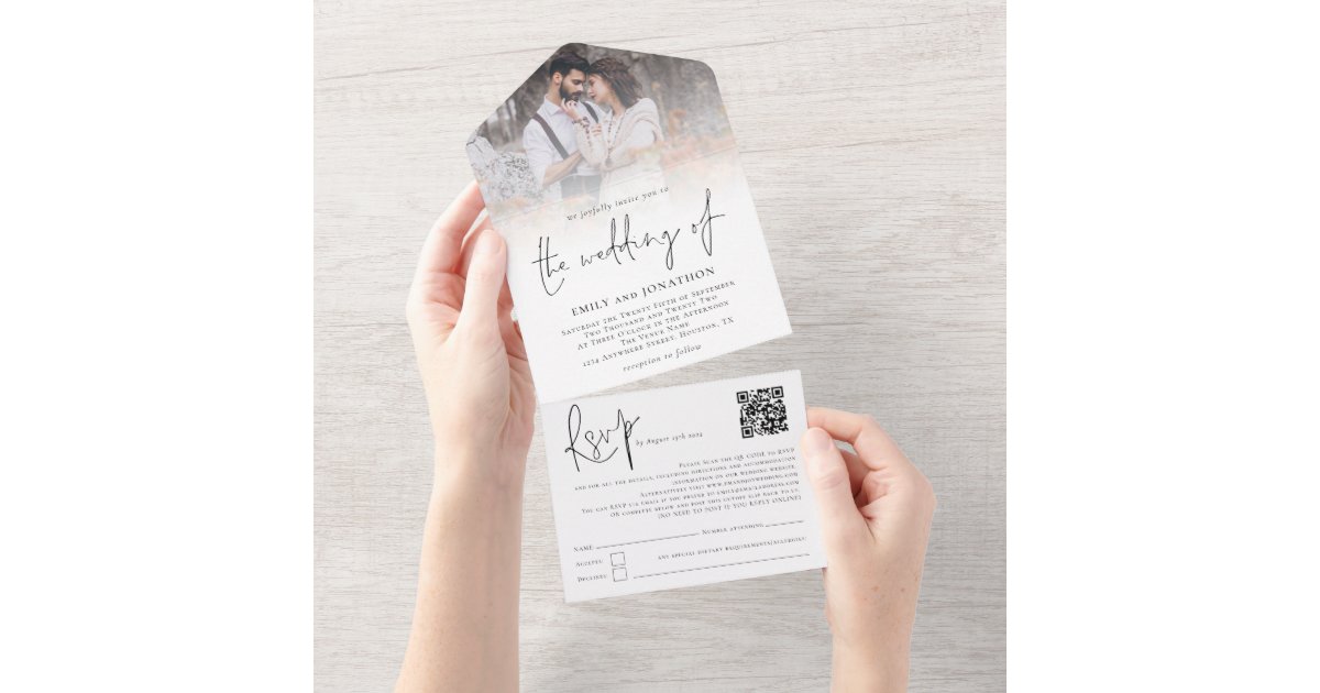 Modern 3 Photos Overlay QR Code Script Wedding All In One Invitation