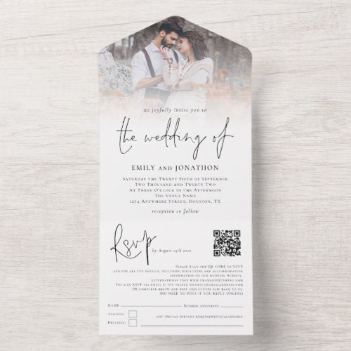 Modern 3 Photos Overlay QR Code Script Wedding All In One Invitation