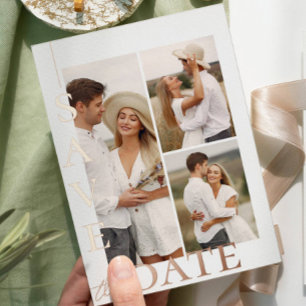 Modern 3 Photos Wedding Save the Date Foil Holiday Card