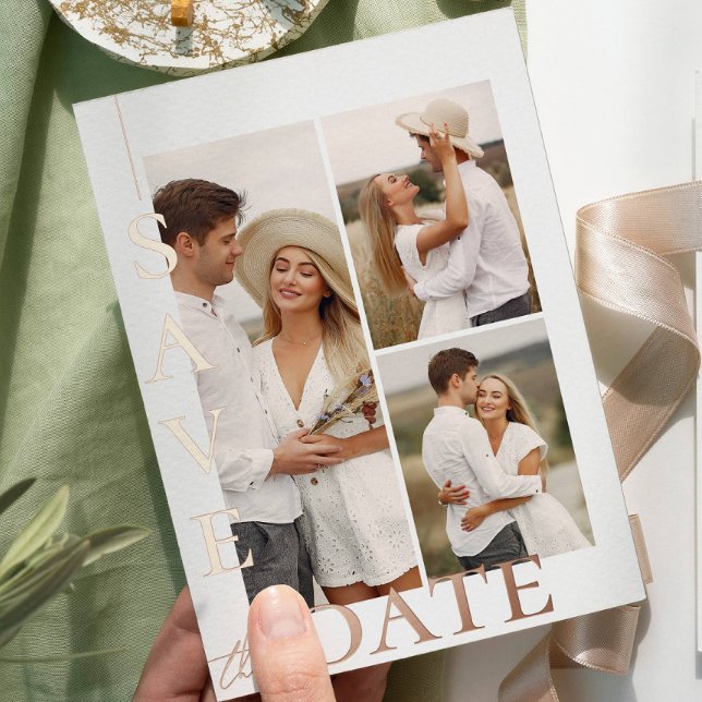 Modern 3 Photos Wedding Save the Date Foil Holiday Card (Creator Uploaded)