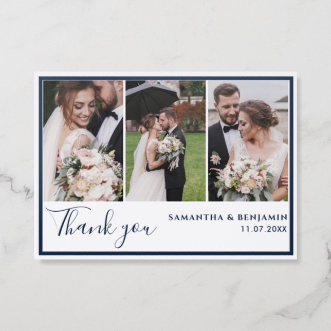 Modern 3 Photos Wedding Thank You Letterpress Photo Cards (Front)