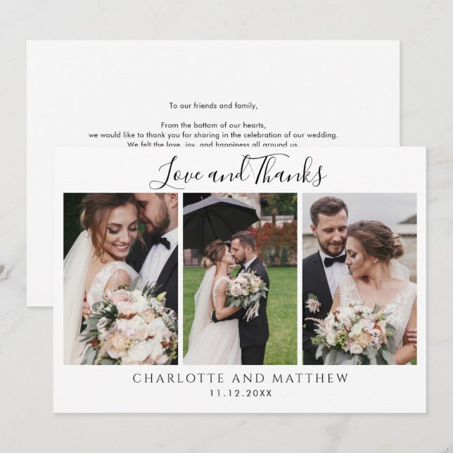 Modern 3 Photos Wedding Thank You Note Card (Front/Back)