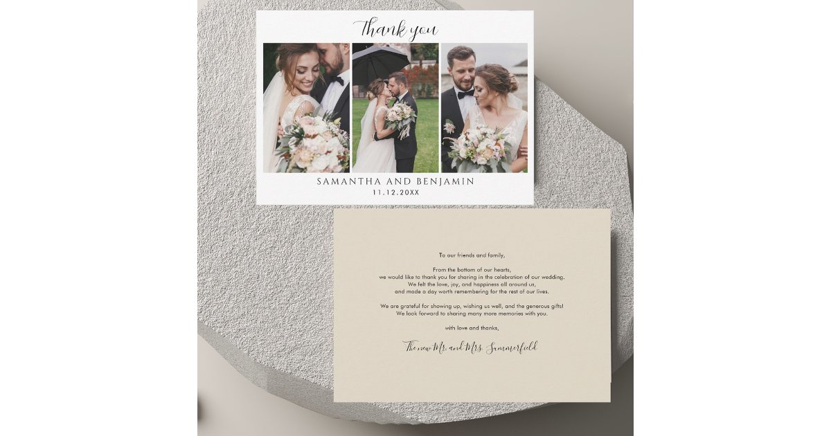 Modern 3 Photos Wedding Thank You Note Card | Zazzle