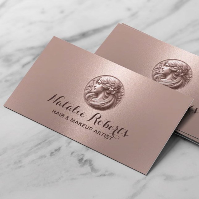 Modern 3D Beauty Salon Logo Hair Stylist Rose Gold Business Card (Creator Uploaded)