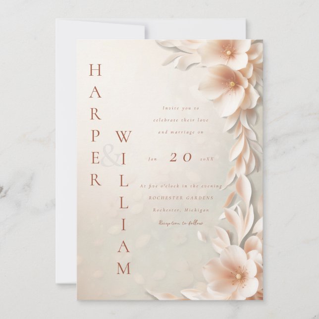 modern 3d blush floral wedding invitation (Front)