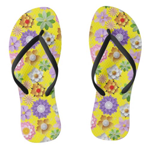 Modern 3D Colorful Floral Pattern 03x4 B Yellow BG Flip Flops