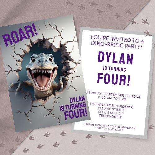Modern 3D Dinosaur T_Rex Kids Birthday  Invitation