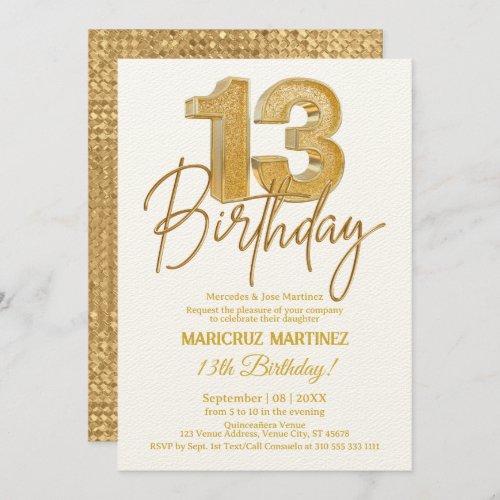 Modern 3D Gold Glitter 13th Birthday Party Invitation