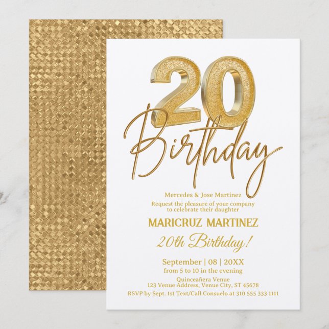 Modern 3D Gold Glitter 20th Birthday Party Invitation (Front/Back)