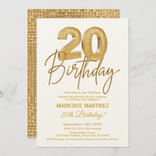 Modern 3D Gold Glitter 20th Birthday Party Invitation