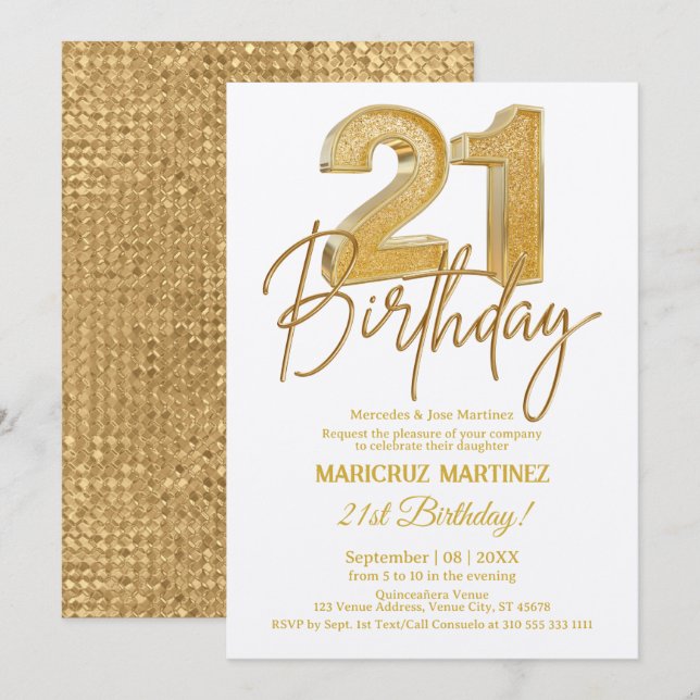 Modern 3D Gold Glitter 21st Birthday Party Invitation (Front/Back)