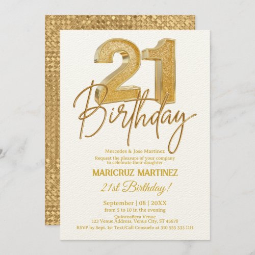 Modern 3D Gold Glitter 21st Birthday Party Invitation