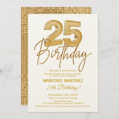 Modern 3D Gold Glitter 25th Birthday Party Invitation