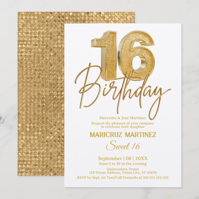 Modern 3D Gold Glitter Sweet 16th Birthday Invitation (Front/Back)