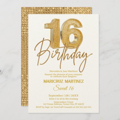 Modern 3D Gold Glitter Sweet 16th Birthday Invitation