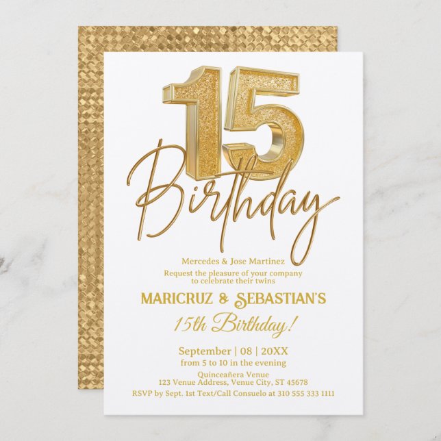 Modern 3D Gold Glitter Twins 15th Birthday Invitation (Front/Back)