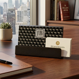 Modern 3D Monogram, Geometric Bronze Pattern Desk Business Card Holder