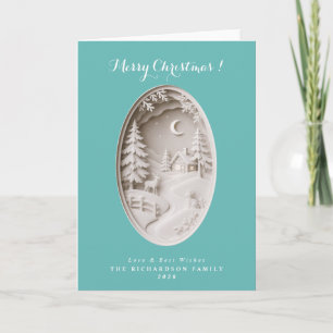 Modern 3D papercut teal blue Christmas Card